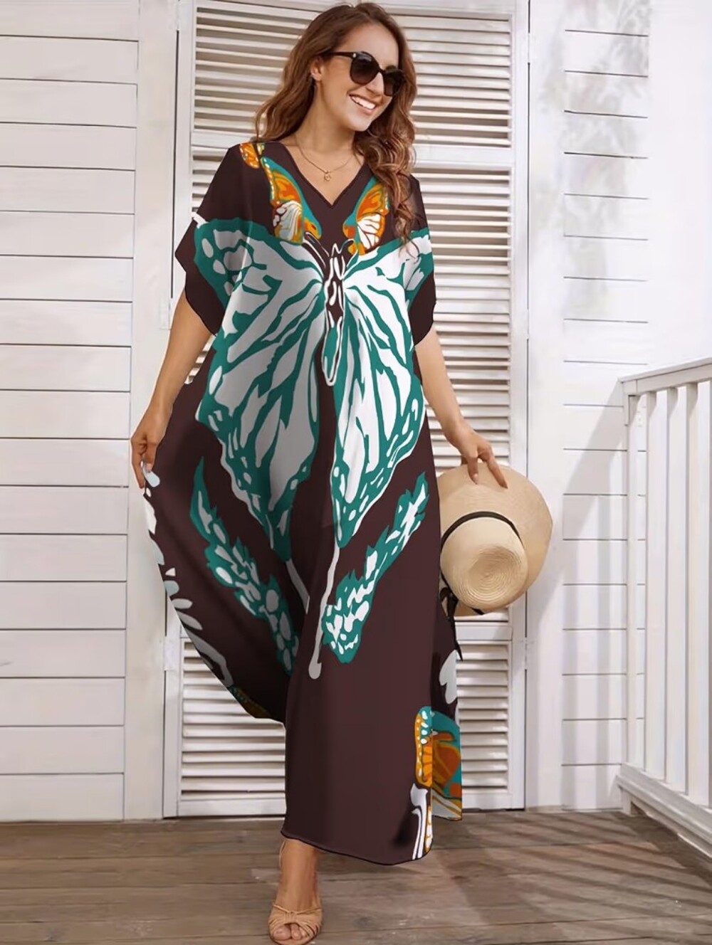 Kaftan Dress Plus Size Swimsuit Cover up Beach V Neck Lightweight Fits S-XXL - Picture 4 of 6